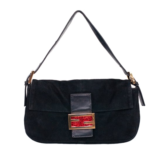 Image of Fendi Black Suede Baguette Shoulder Bag
