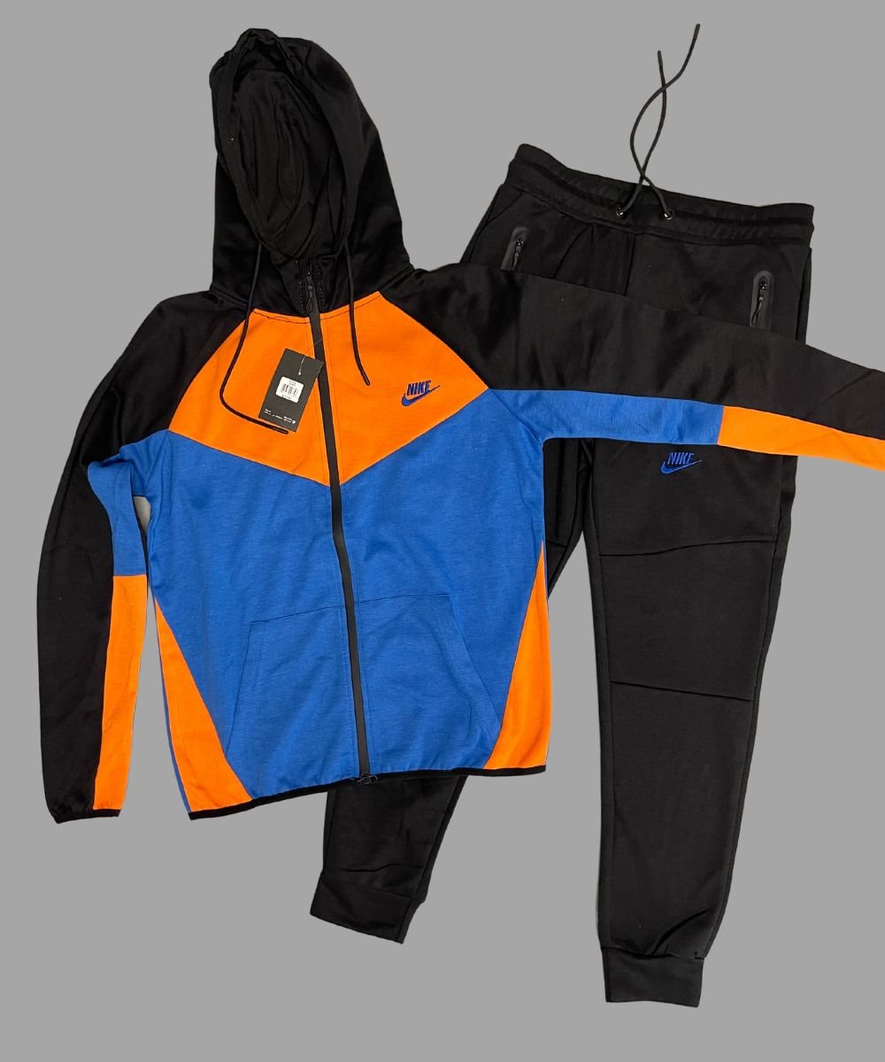 Men’s Blue/Orange Tech Zip Up Hoodie Sweatpants Set