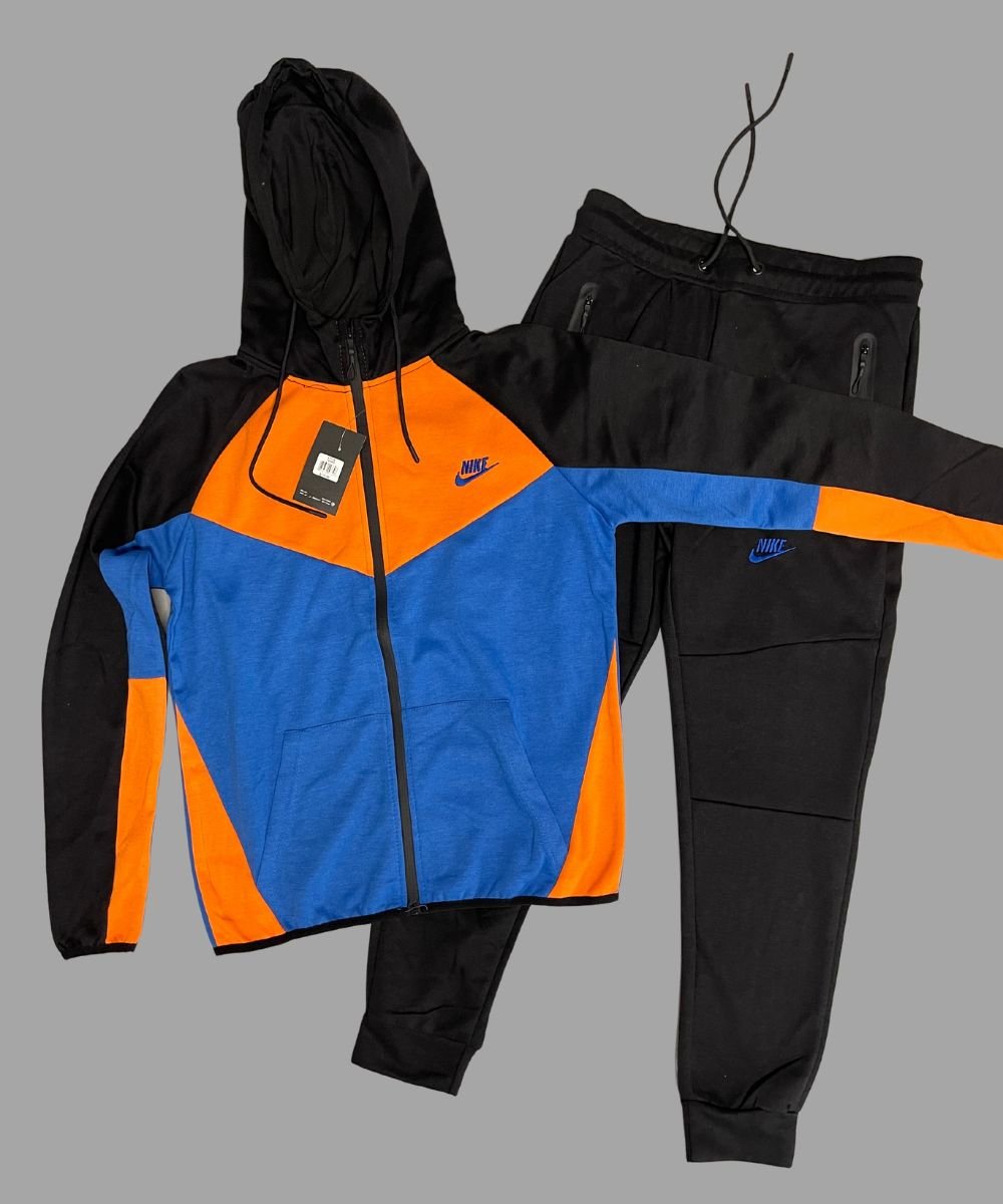 Men’s Blue/Orange Tech Zip Up Hoodie Sweatpants Set