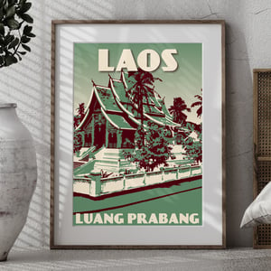 Image of  Vintage poster Laos | Luang Prabang | Wat Ho Phra Bang | Fine Art Print | Tropical green color