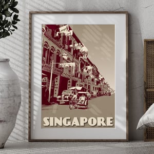Image of Vintage Poster Singapore - Trishaw ride - Fine Art Print - Green