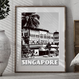 Image of Vintage Poster Singapore - Raffles Hotel Black & White - Fine Art Print