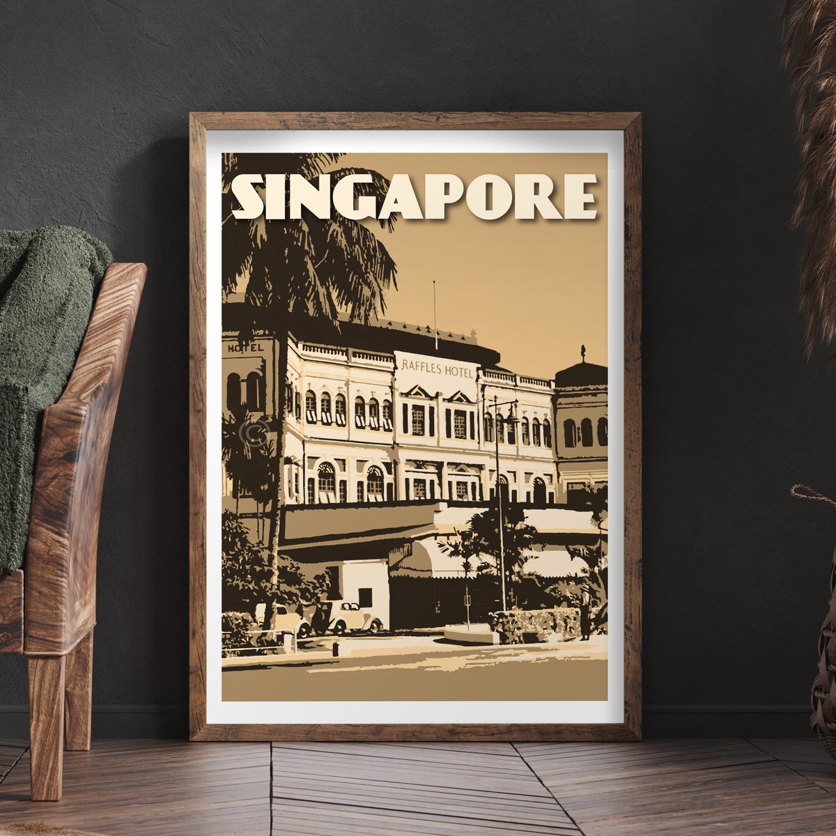Image of Vintage Poster Singapore - Raffles Hotel - Fine Art Print - Sepia