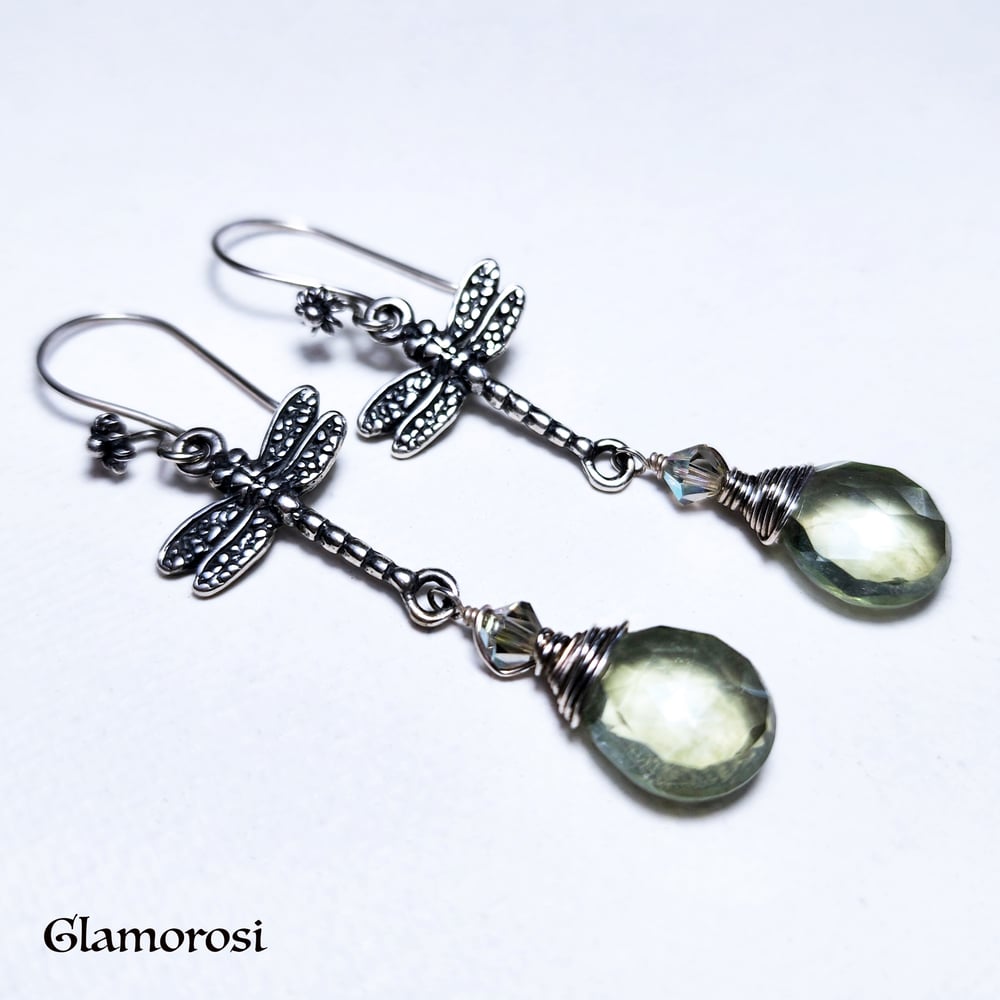 Image of Dragonfly Earrings - Sterling Silver, Green Mystic Quartz, Crystal