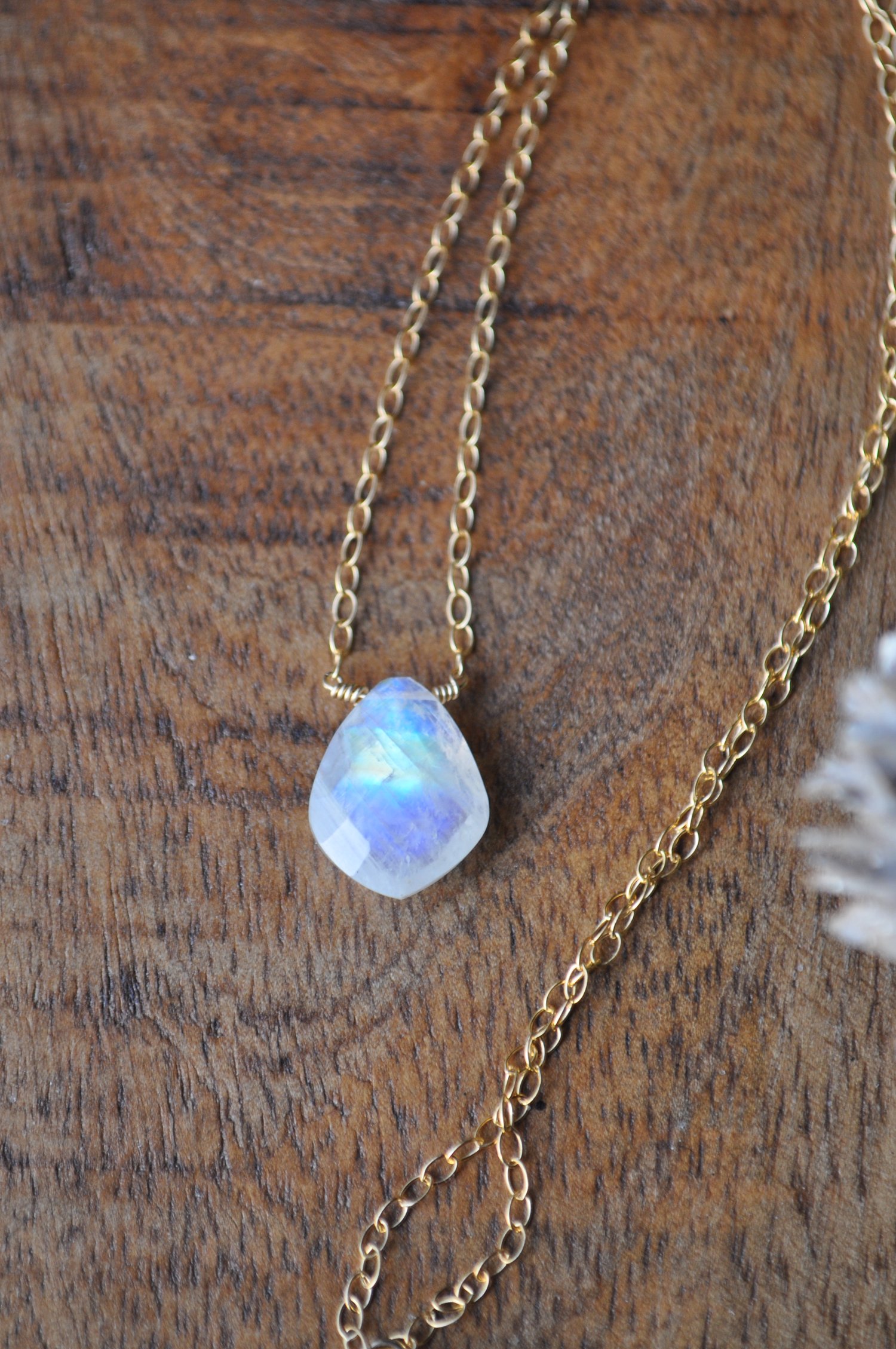 Image of Rainbow Moonstone Droplet Necklace on Gold Fill