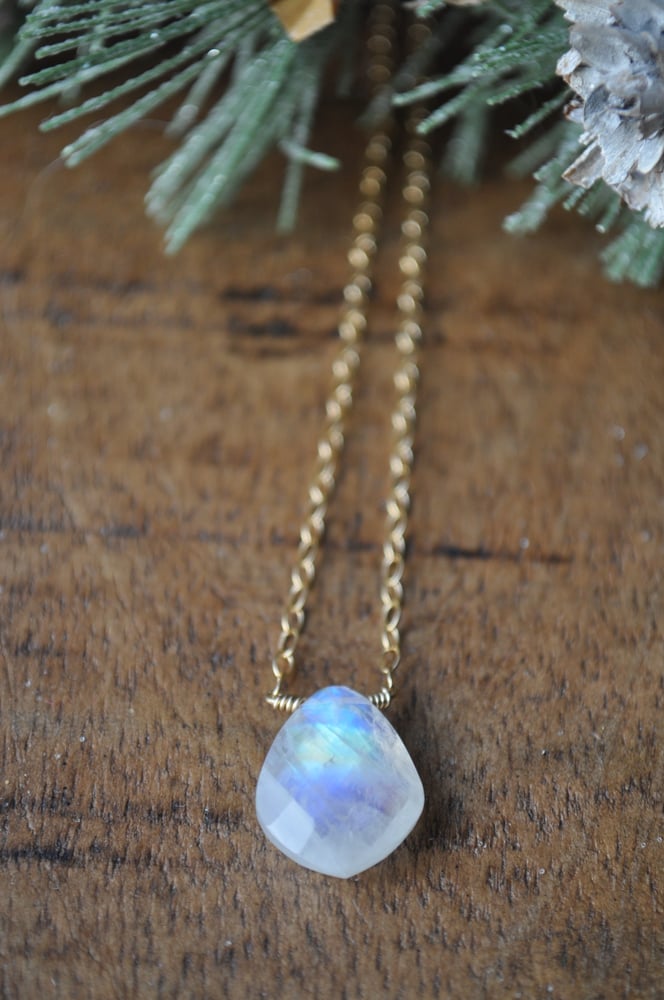 Image of Rainbow Moonstone Droplet Necklace on Gold Fill