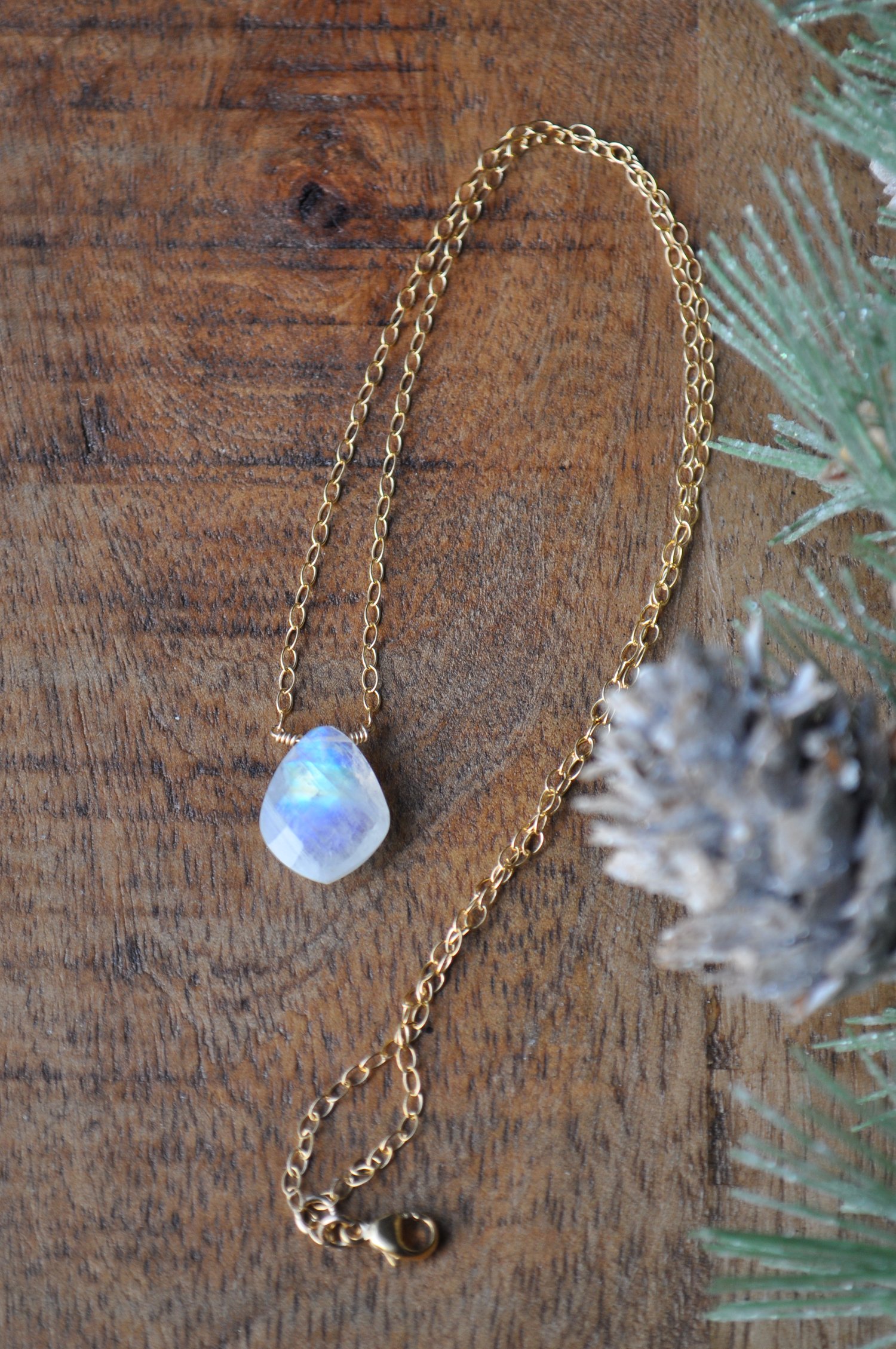 Image of Rainbow Moonstone Droplet Necklace on Gold Fill
