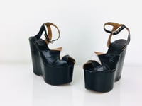 Image 1 of Vintage 1970s 6" Glam Rock Silver & Black Leather Platforms / Platform Heel Shoes