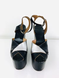 Image 2 of Vintage 1970s 6" Glam Rock Silver & Black Leather Platforms / Platform Heel Shoes