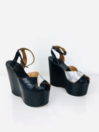 Image 3 of Vintage 1970s 6" Glam Rock Silver & Black Leather Platforms / Platform Heel Shoes