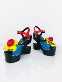 Image 1 of Vintage 1970s Sabot Kimel Wood Heel Flower Platforms