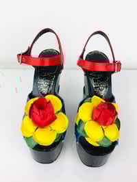 Image 2 of Vintage 1970s Sabot Kimel Wood Heel Flower Platforms