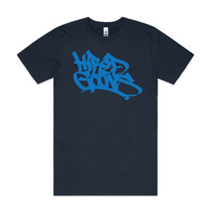 Image of "HIRED GOONS" O.G. Tag shirt.  Denim Blue on Navy