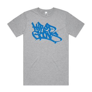 Image of "HIRED GOONS" O.G. Tag shirt.  Denim Blue on Grey Marle