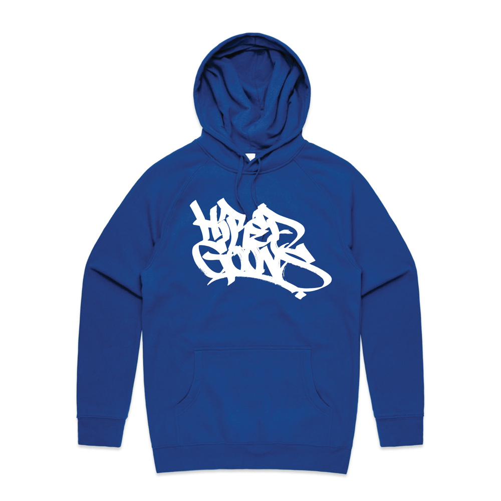 Image of "HIRED GOONS" O.G. Tag Hoodie.  White on Cobalt Blue