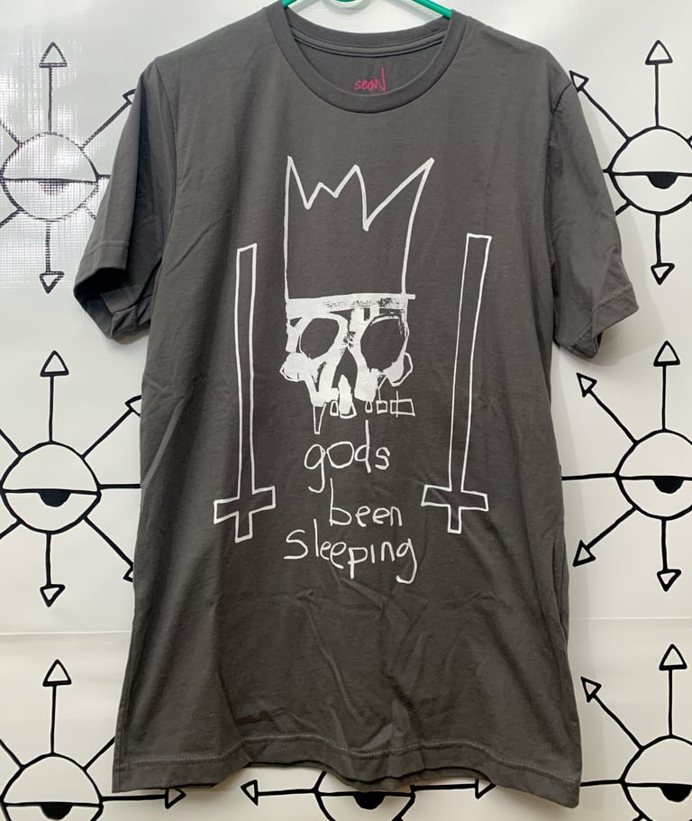 gods been sleeping T-shirt WHITE on GRAY -ONE OF A KIND size MEDIUM