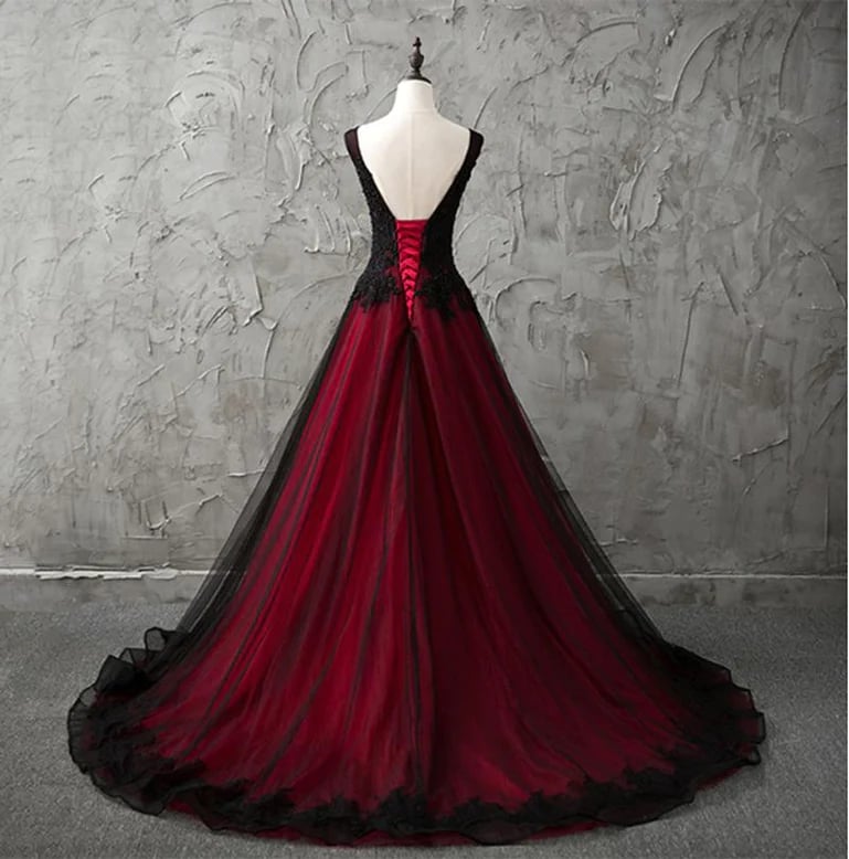 Wine Red and Black Tulle Evening Dress with Lace, Low Black Formal Dress