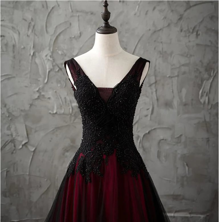 Wine Red and Black Tulle Evening Dress with Lace, Low Black Formal Dress