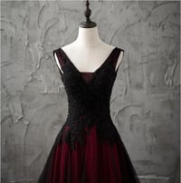 Image 2 of Wine Red and Black Tulle Evening Dress with Lace, Low Black Formal Dress