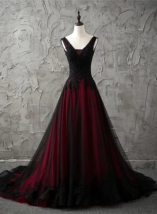 Wine Red and Black Tulle Evening Dress with Lace, Low Black Formal Dress