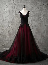 Image 1 of Wine Red and Black Tulle Evening Dress with Lace, Low Black Formal Dress