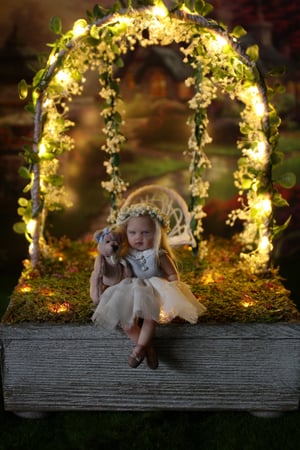 Image of OOAK Miniature Doll with Lighted Garden Swing Diorama "Alexandra"