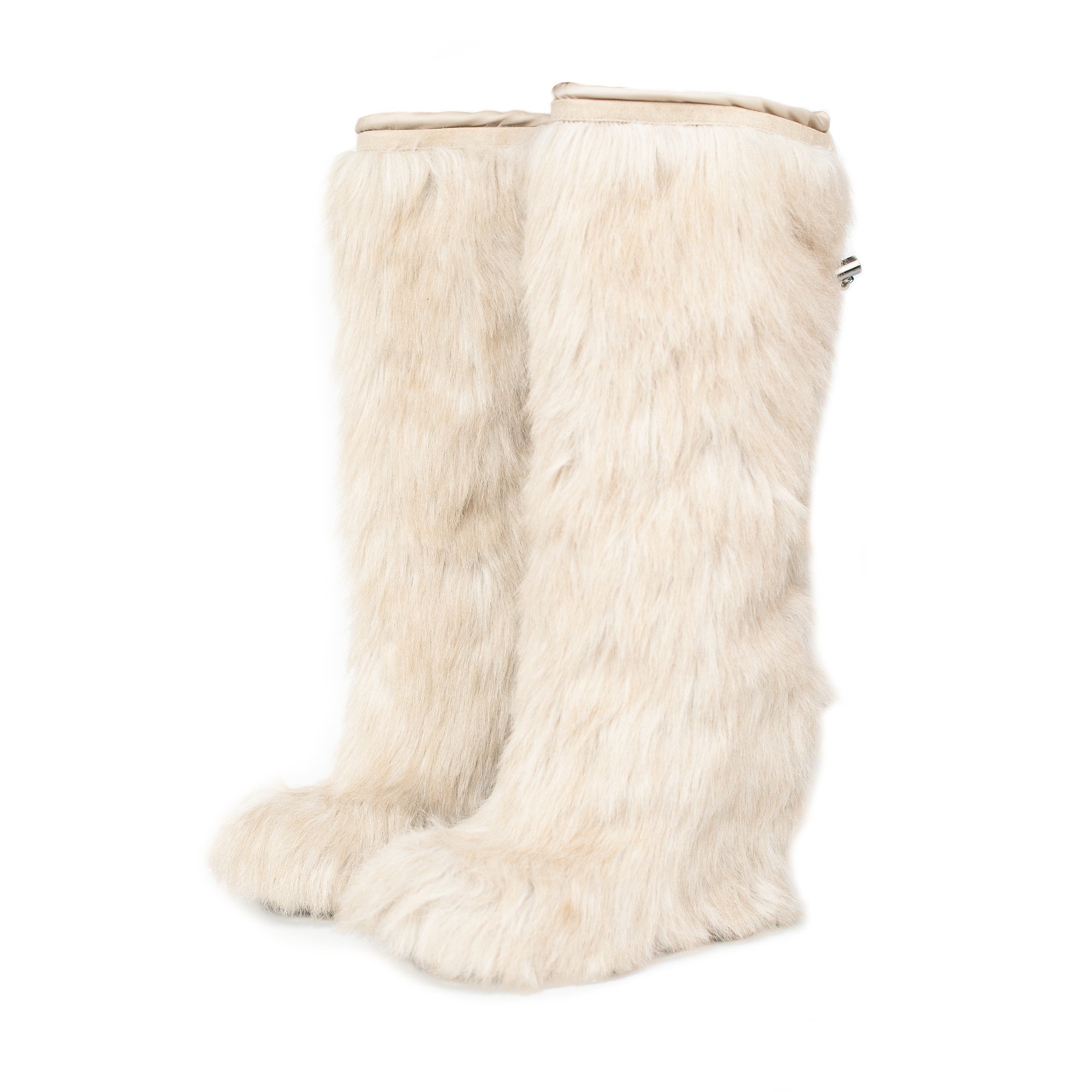 Image of Prada Beige Faux Fur Wedge Boots