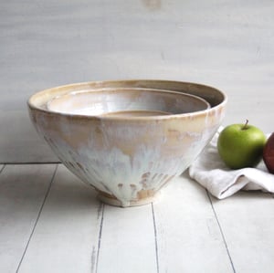Image of Ceramic Nesting Bowls In Rustic White and Ocher Glaze, Set of Four Pottery Bowls, Made in USA