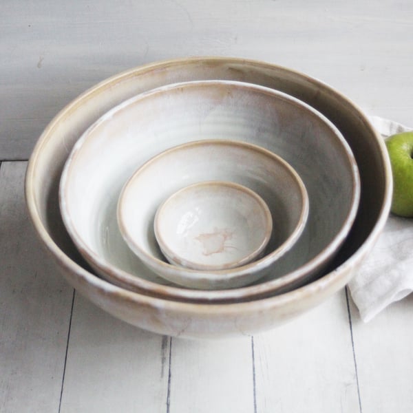 Image of Ceramic Nesting Bowls In Rustic White and Ocher Glaze, Set of Four Pottery Bowls, Made in USA