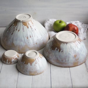 Image of Ceramic Nesting Bowls In Rustic White and Ocher Glaze, Set of Four Pottery Bowls, Made in USA