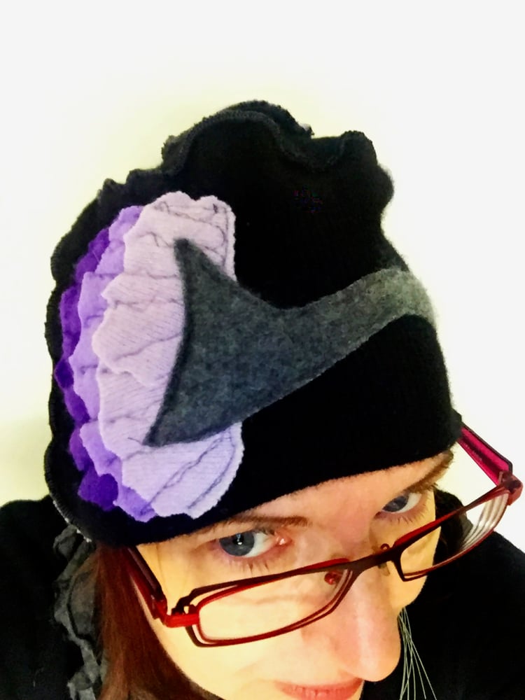 Image of Signature Black & Purple Pressed Poppy Hat (100% Repurposed Cashmere)