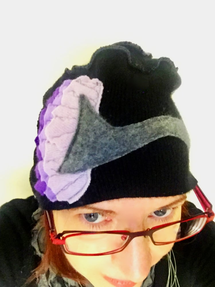 Image of Signature Black & Purple Pressed Poppy Hat (100% Repurposed Cashmere)