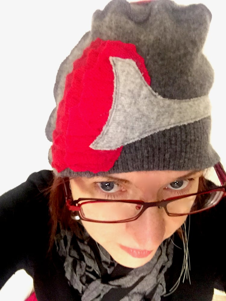 Image of Signature Red on Grey Pressed Poppy Hat (100% Repurposed Cashmere)