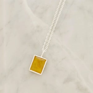 Image of Big Golden Rutilated Quartz rectangular cut silver necklace
