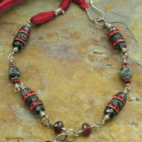 Image 3 of Red Silk & Pewter Skeleton Key Necklace