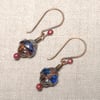 Blue Czech Glass Turbine Bead Rosy Copper Earrings