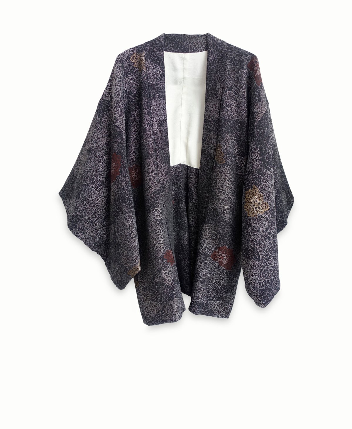 Image of Sort kort silke kimono med sølvblomster