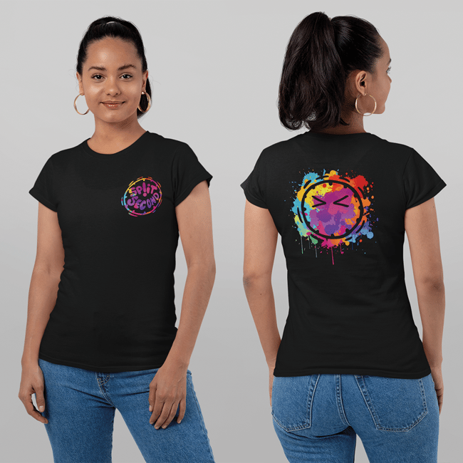Ladies Colour Splash Black T-Shirt with Blinkie Emoji