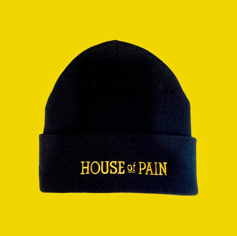 Image of House of Pain Old School Beanie. Black with embroidered yellow album logo font. ☘️ 
