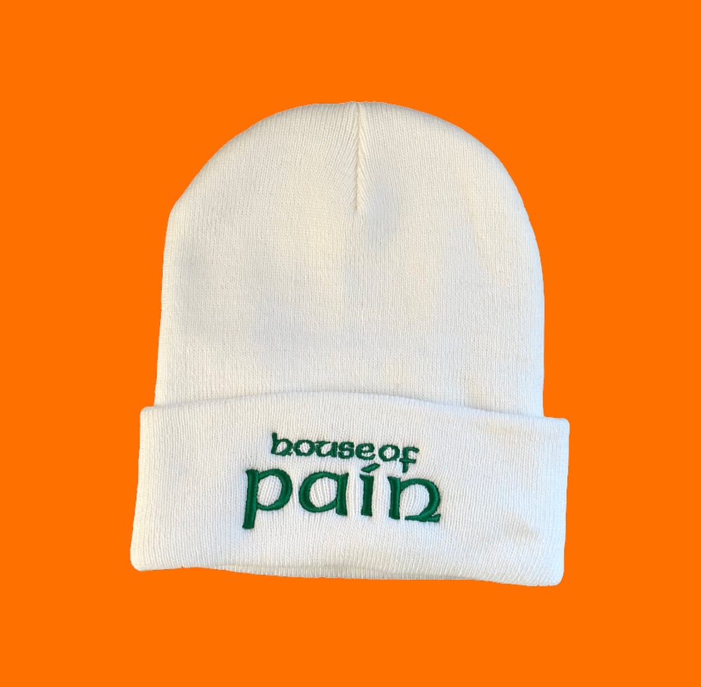 Image of House of Pain Old School Beanie. White with embroidered green logo font. ☘️