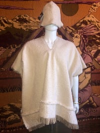 Image 1 of Dazo62 Custom Made Poncho Cream Wooly Woven Textured Fabric W/Raw Edge Fringe Details