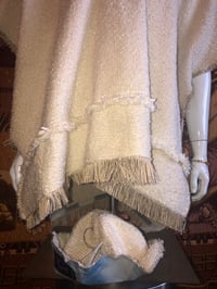 Image 4 of Dazo62 Custom Made Poncho Cream Wooly Woven Textured Fabric W/Raw Edge Fringe Details