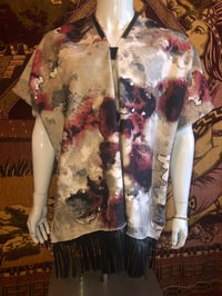Image 1 of Dazo62 Custom Made Poncho Cloud Stained Printed Linen W/Black Suede Fringe And Accent Detail