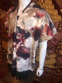 Image 3 of Dazo62 Custom Made Poncho Cloud Stained Printed Linen W/Black Suede Fringe And Accent Detail