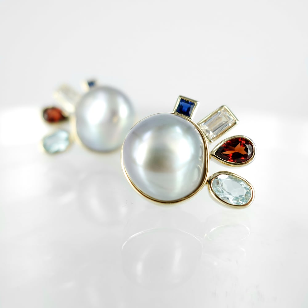 Image of 9ct yellow gold Keshi Pearl and Gem cocktail earrings. PJ5951