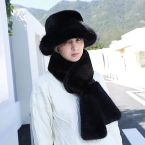 Image of Faux Fur Fluffy Bucket Hat with Scarf Set