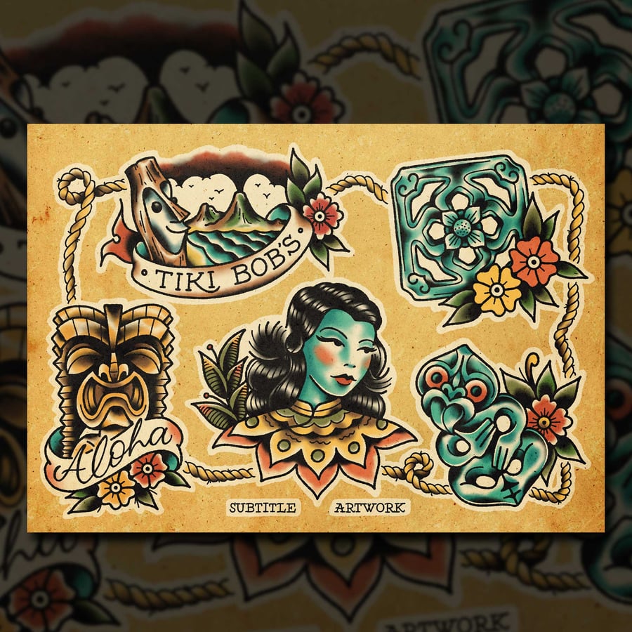 Image of Tiki Icons - Tattoo Flash Print