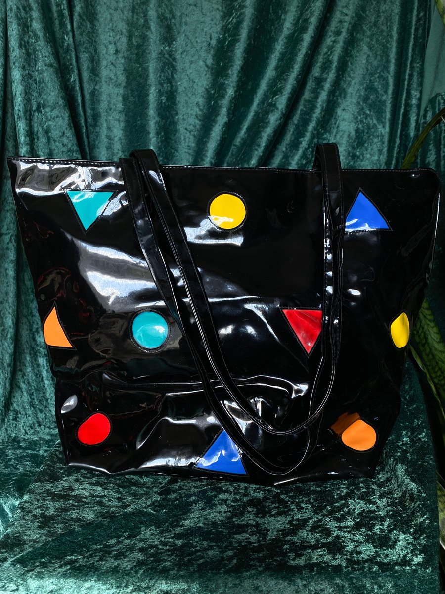 Image of Vintage Kiarra Colorful Shapes Patent Tote