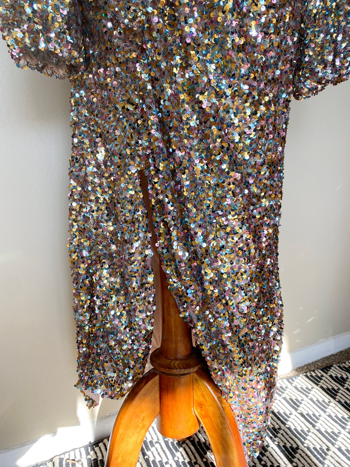 Modern River Island Ruched Sequins Dress W/Slit | Golden Bird Boutique