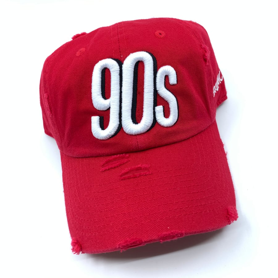 Image of Red Distressed 90s Era 3D Dad Cap Hat Embroidered